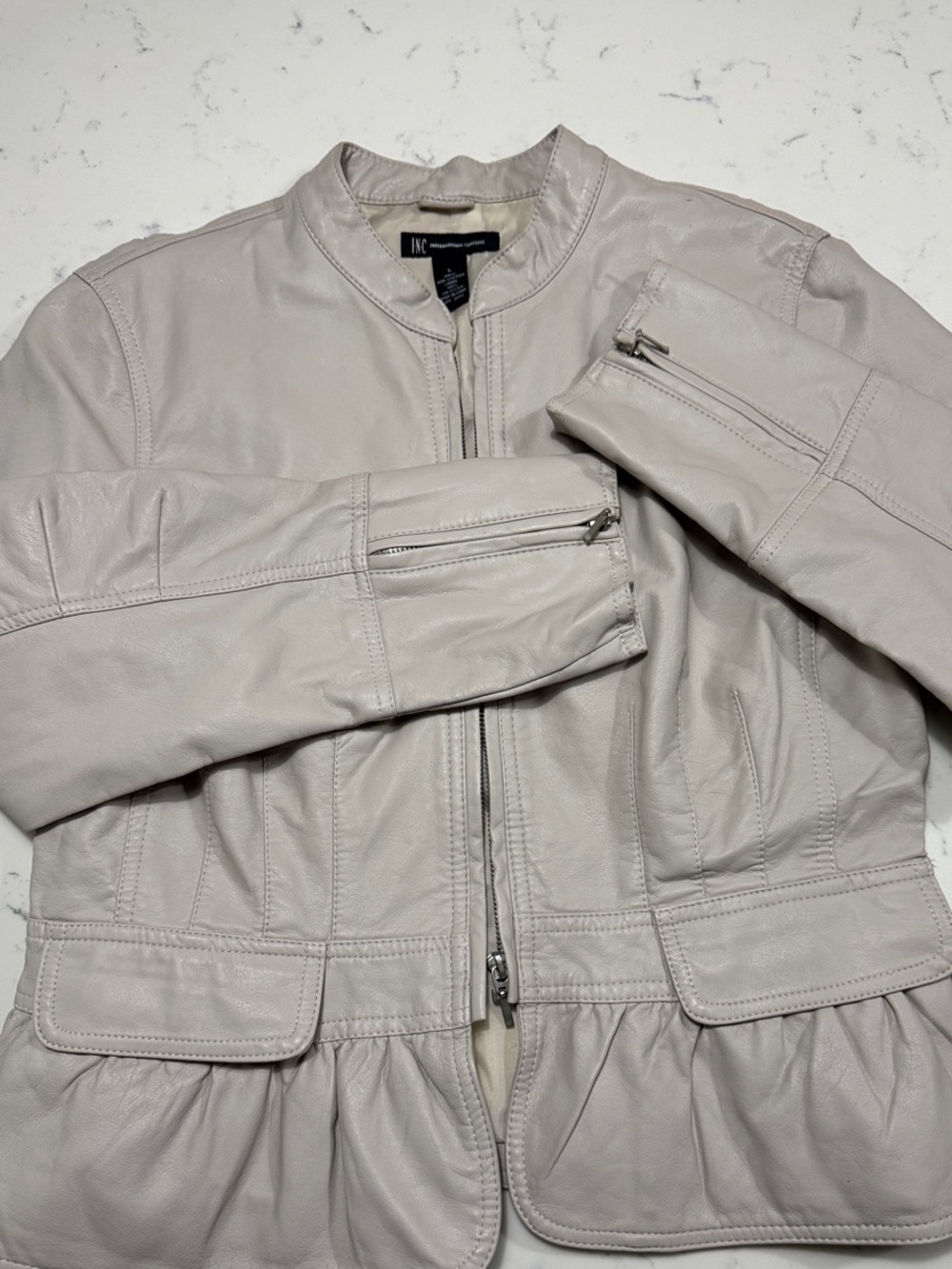 INC International Concepts Vegan Leather Gray Peplum Zip Cuff Jacket